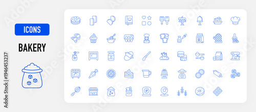 Bakery icon. Pita Bread, Rusk, Recipe Book, Mold, Brush, Cake, Cake Dome, Cheese, Chef Hat, Croissant, Cupcake, Dough, Eggs, Female Baker, Flat Bread, Flavour, Flour, Glove, Grater, Honey vector. 