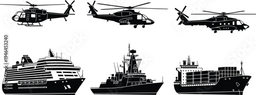 Black silhouette vector illustration of helicopters and ships including cruise ship, naval warship, cargo vessel, aerial and maritime transport scene