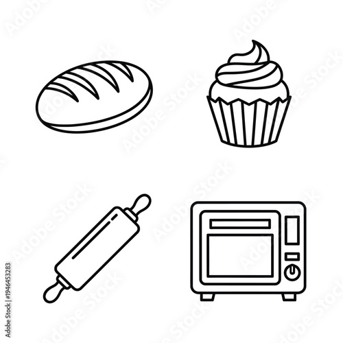 Clean Line Art Icons Depicting Baking Elements Rustic Bread Loaf, Frosted Cupcake, Rolling Pin, and Modern Oven, Ideal for Culinary Design and Food Service Graphics.