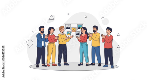 Team Applauding Success in Front of Photo Gallery Display