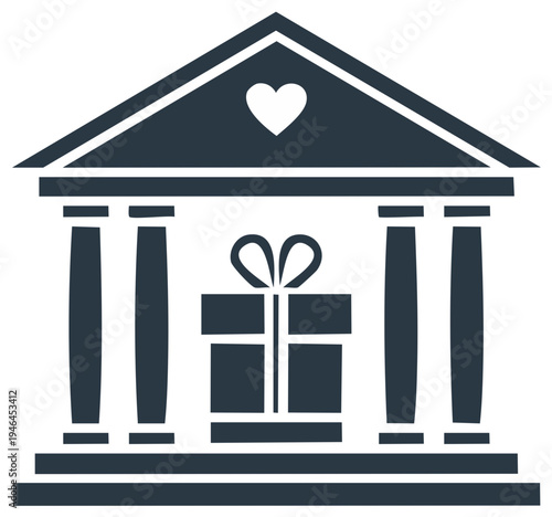 Classical building facade with a heart symbol and a festive gift box for charity and giving