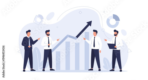Business growth concept: team analyzing upward trending graph and charts