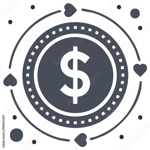 Dollar sign coin surrounded by hearts, financial concept illustration.