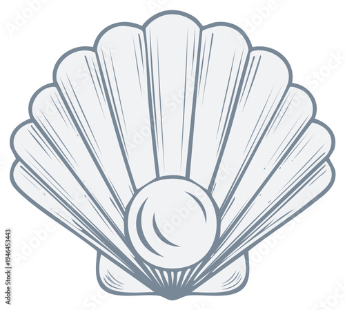 Stylized line art illustration of a scallop shell containing a single pearl