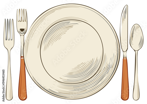 Elegant Plate Setting Illustration with Fork, Spoon, and Knife for Menu Designs or Place Setting Layouts