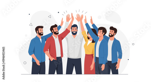 Diverse team celebrating success with high fives, teamwork, unity, and achievement