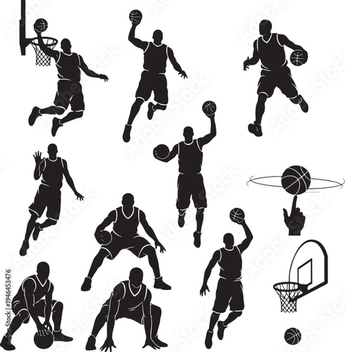 Set of 10 basketball player silhouettes vector