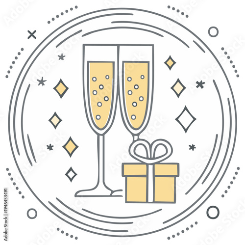 Two champagne flutes with a gift box inside a decorative circle