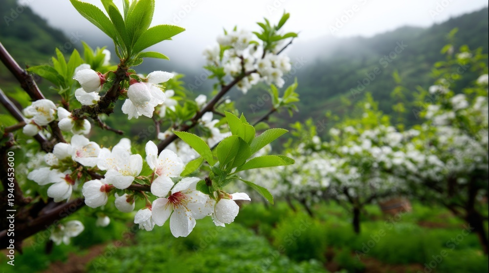 Fototapeta premium Soft Morning Mist Over Cherry Orchard Blossoms in Early Light