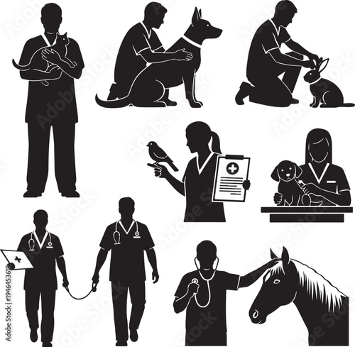 Set of 8 veterinary icons vector, black silhouettes