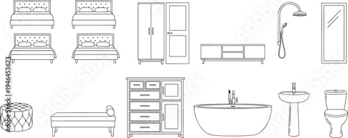 Black silhouette vector illustration of household furniture and bathroom fixtures including beds, wardrobe, cabinet, bathtub, sink, toilet, mirror, interior design