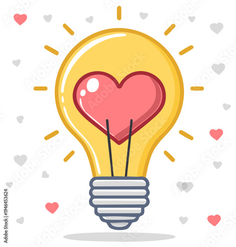 Loving idea concept illustrated with a lightbulb and a heart shape, love symbol concept