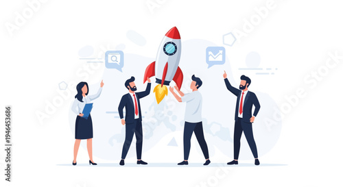 Team launching rocket, business startup, innovation, teamwork, success concept
