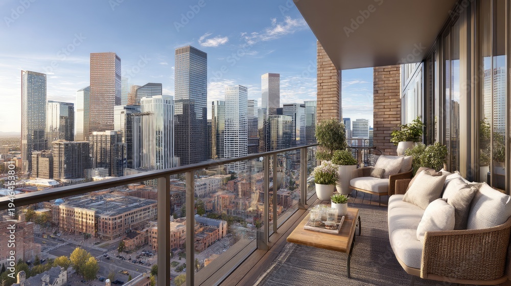 Fototapeta premium Modern Urban Balcony with Cityscape View at Sunset in High-Rise Building Featuring Comfortable Seating and Lush Greenery