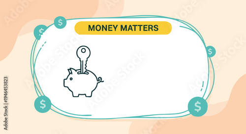 Piggy bank with key illustration. Money matters concept. Financial security graphic. Savings and investment.