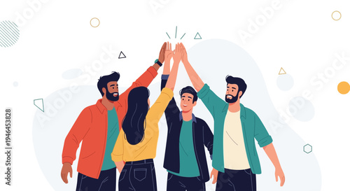 Diverse team celebrating success with high fives, teamwork and unity concept
