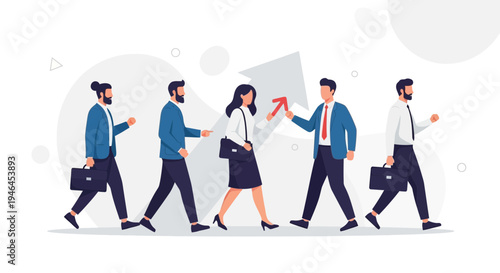 Business people walking forward with arrow graph, teamwork and success concept