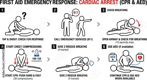 2026 Updated First Aid and CPR Emergency Response Procedures for Cardiac Arrest: Clean Stick Figure Vector Icons on White Background 2026