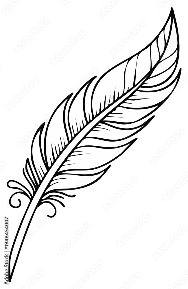 Fototapeta premium Elegant single quill feather with decorative swirls at the base, hand-drawn sketch style