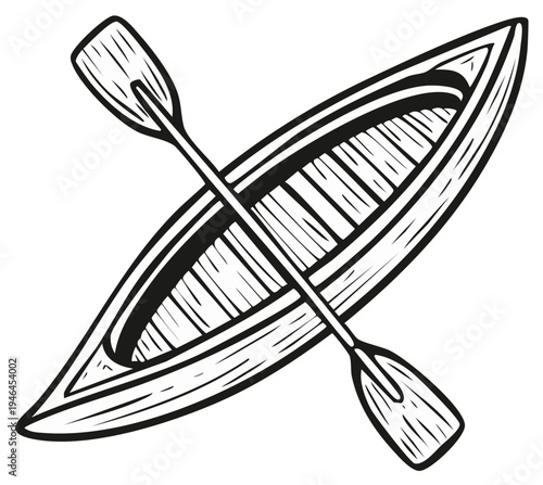 Canoe and Paddle Illustration, Hand Drawn Style, Recreation, Transportation