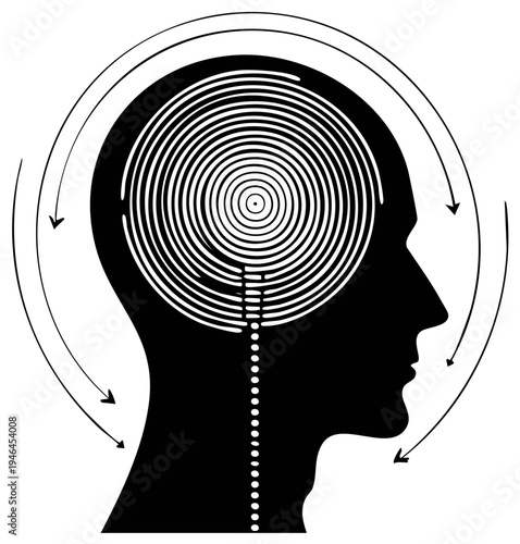 Abstract silhouette of a human head with circular patterns representing thought or brain activity