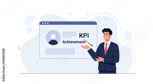 Businessman presenting KPI achievement on a digital screen, business strategy concept