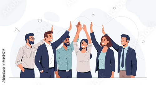 Diverse team celebrating success with high fives, teamwork and achievement concept