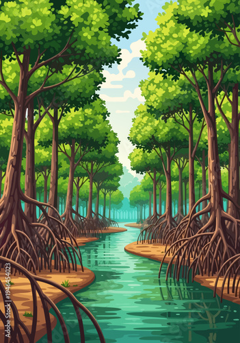 A captivating vector illustration of a lush mangrove forest with intricate root systems lining a serene water channel, creating a breathtaking natural landscape