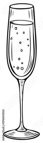 Champagne flute illustration, isolated sketch of sparkling wine in glass, hand drawn alcoholic beverage doodle art