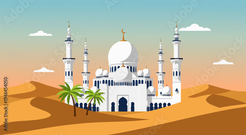 A vector illustration of a beautiful white mosque with minarets, palm trees, and sand dunes under a gradient sky
