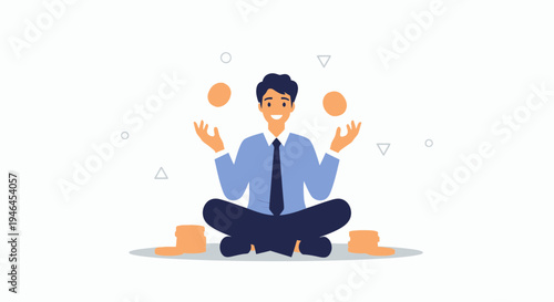 Businessman juggling balls while meditating, symbolizing balance and multitasking in business.