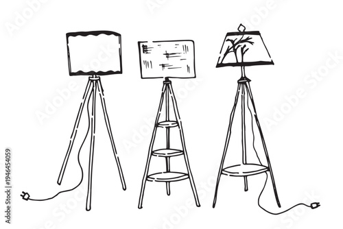 Set of hand-drawn minimalist Nordic style floor lamps. Simple Scandinavian lighting designs with clean lines for contemporary home interiors.