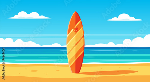 Surfboard standing on a sandy beach with ocean waves and blue sky, a colorful vector illustration