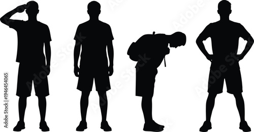 Black silhouette vector illustration of human postures showing salute standing fatigue with backpack confident assertive pose body language design sequence