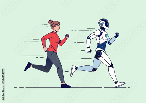 Human vs Robot Race A Dynamic Vector Illustration Depicting Technological Advancement and Future Progress