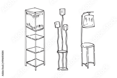 Hand-drawn sketch of modern classic floor lamps with elegant tall stands and simple fabric shades. Stylish interior lighting elements on white background.