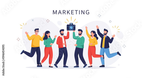 Marketing Team Celebrating Success Holding Camera