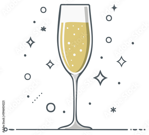 Illustration of a flute glass filled with bubbly champagne and celebratory sparkles