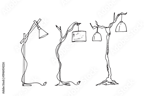 Hand-drawn collection of eco-friendly floor lamps made from natural materials like wood, rattan, and bamboo. Sustainable interior lighting design sketches.