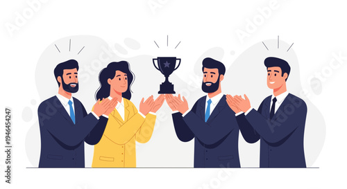 Team celebrates winning a trophy, teamwork success, business achievement, award ceremony