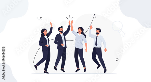 Teamwork success: Business people celebrating achievement with high fives and upward graph