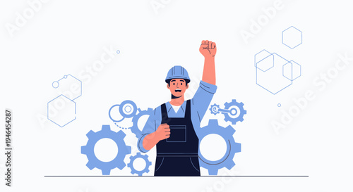 Happy Engineer with Fist Raised, Gears and Hexagons, Industrial Concept