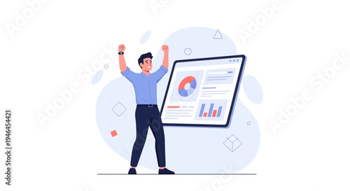Man celebrating success with data analytics dashboard on screen, business growth concept