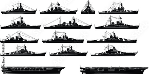 Black silhouette vector illustration of naval warships including destroyers, cruisers, battleships, aircraft carriers, military fleet vessels, maritime defense scene