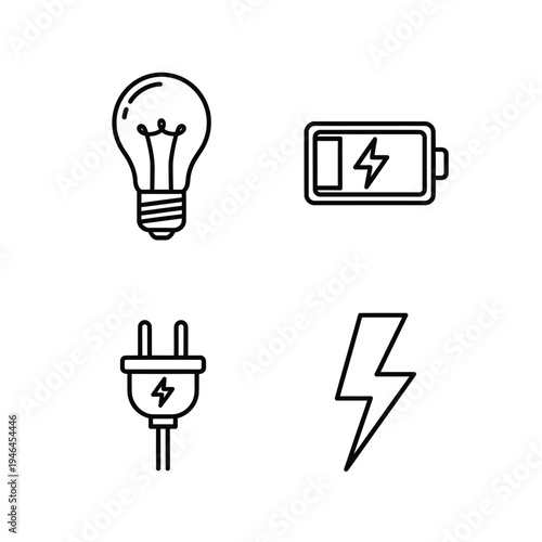A minimalist, line art set of four icons representing electricity a classic incandescent light bulb, a rechargeable battery, a power plug, and a lightning bolt, signifying energy and power i