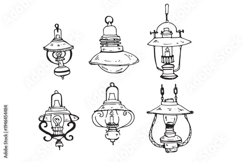 Hand-drawn collection of hanging ceiling lanterns and decorative pendant lights. Vintage indoor and outdoor hanging lamp sketches.