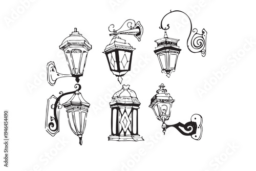 Set of hand-drawn wall-mounted lanterns and decorative outdoor wall lights. Classic iron lamp sketches for exterior decoration.