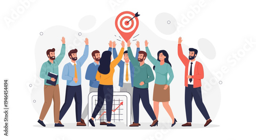 Teamwork success, business people celebrating reaching target goal, high five, victory