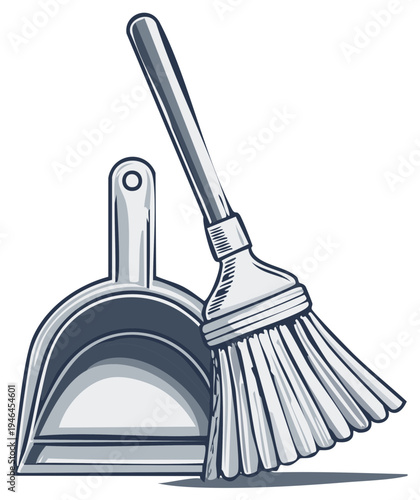 Cartoon illustration of a dustpan and brush