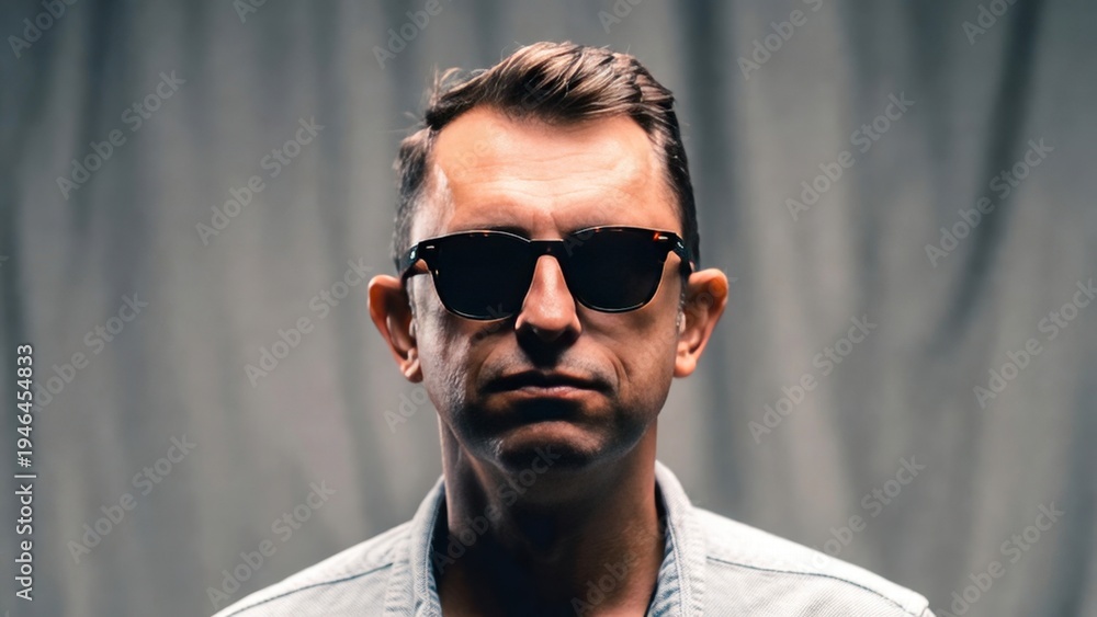 Obraz premium Caucasian male adult wearing sunglasses with neutral expression against gray background.
